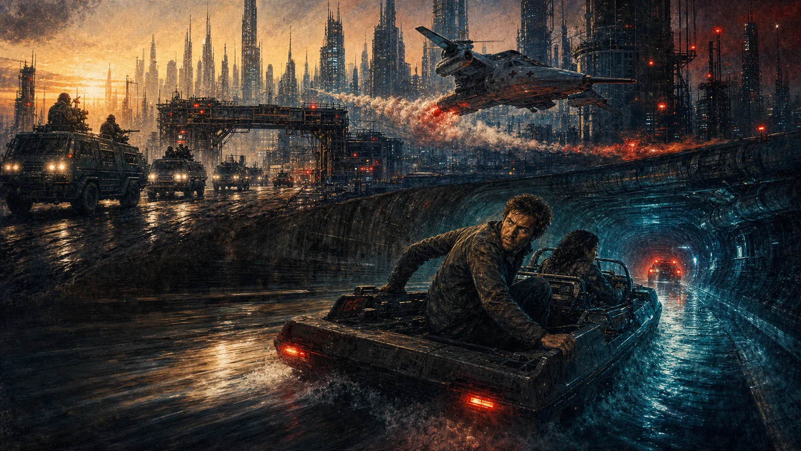 Three escape routes cross the city while Maxwell looks back from an electric vehicle racing through the underground wash