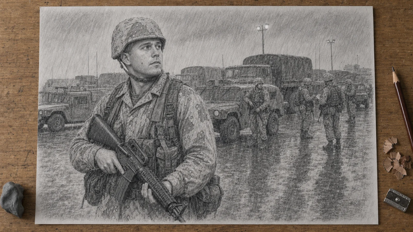 Graphite drawing on a wooden desk of the narrator serving as an Army sergeant in rainy Kuwait during the Gulf War