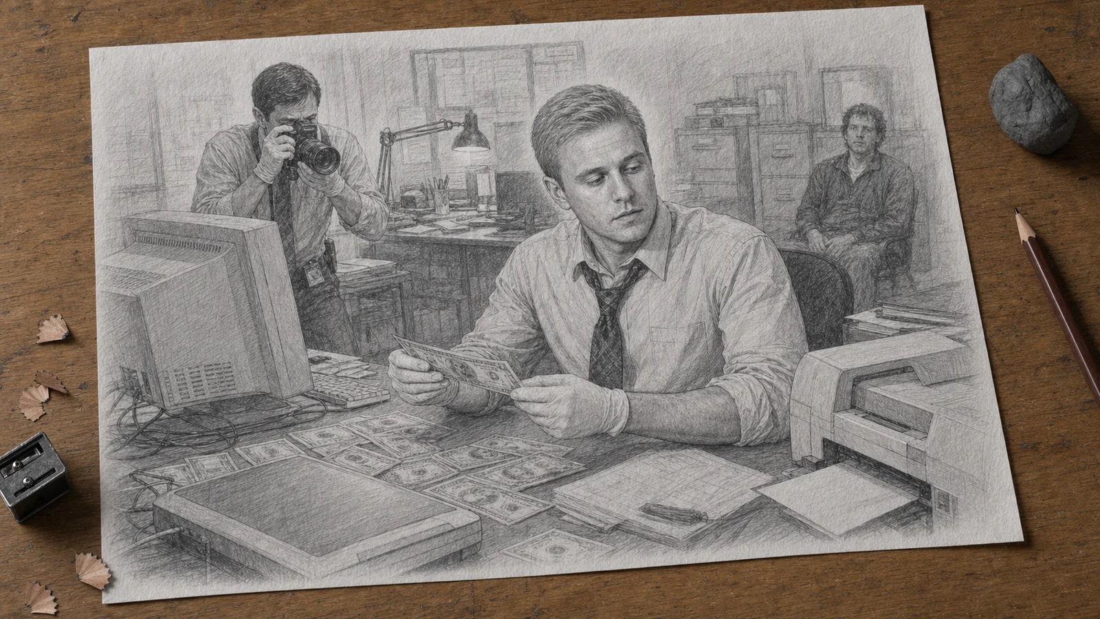 Graphite drawing on a wooden desk of the narrator examining counterfeit bills beside an old computer and scanner