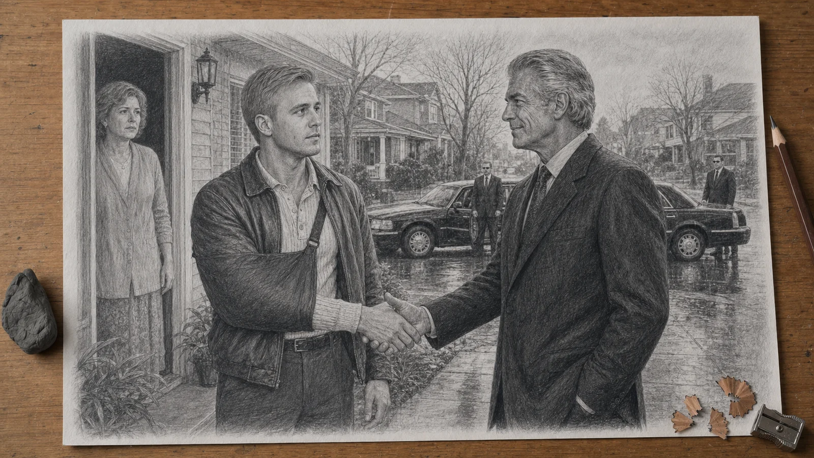 Graphite drawing on a wooden desk of Senator Dickenson offering the injured narrator a place on his detail inside the narrator's apartment